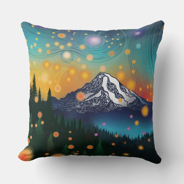 Mt. Rainier w Evening Starry Sky and Fireflies Throw Pillow (Front)