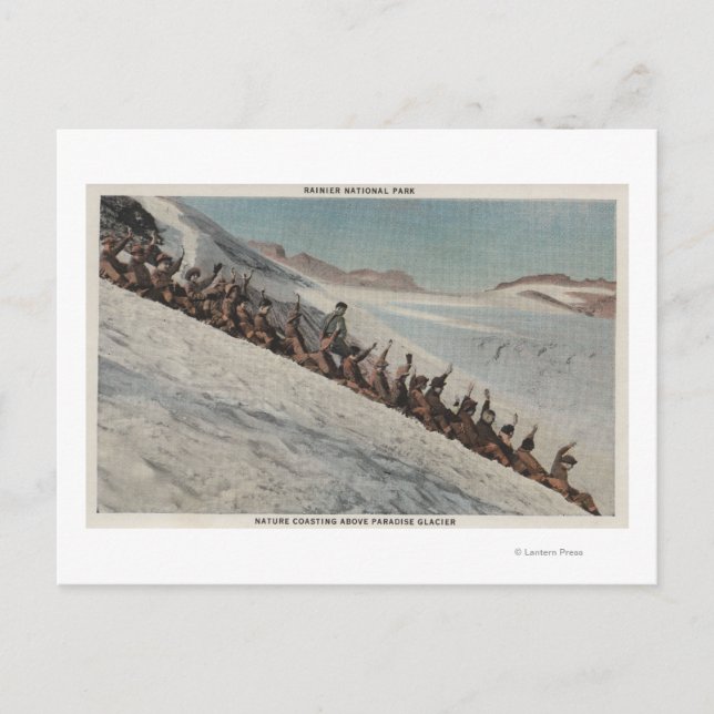 Mt. Rainier, WA - Line of People Sledding in Postcard (Front)