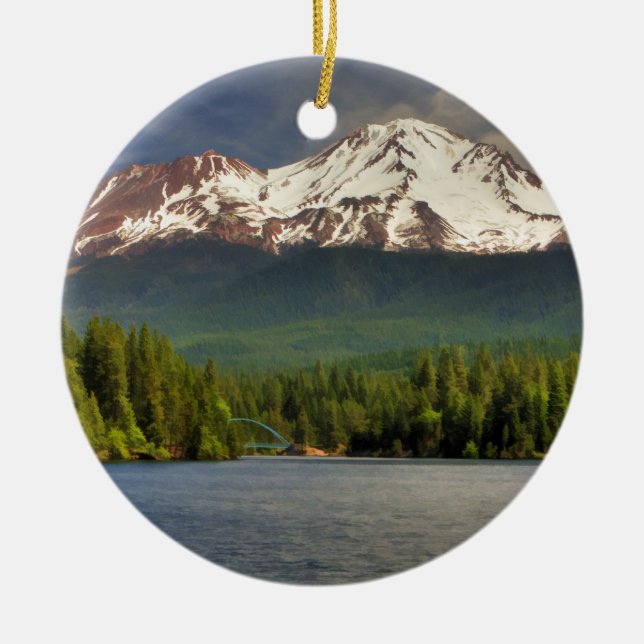 MT SHASTA FROM LAKE SISKIYOU CERAMIC ORNAMENT (Front)