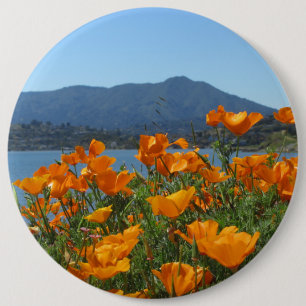 Mt Tamalpais and California Poppies 6 Inch Round Button