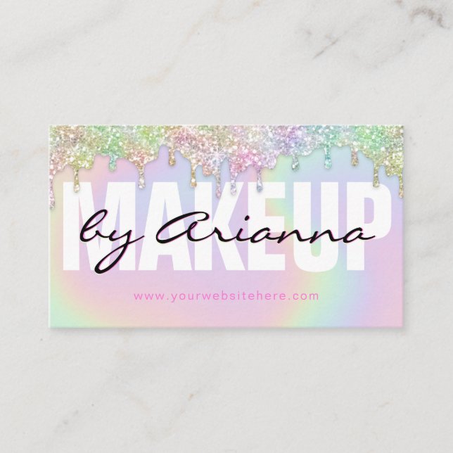 MUA Makeup Artist Holographic Rainbow Glitter Drip Business Card (Front)