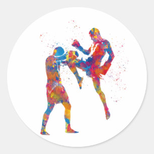 Muay thai fighter in watercolor classic round sticker