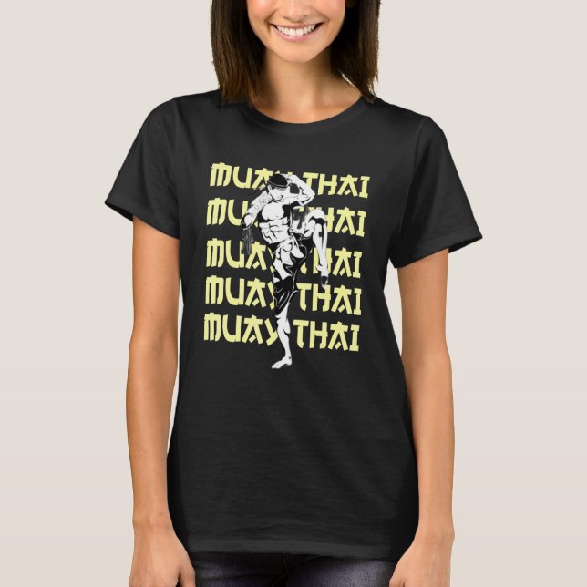 Muay Thai Fighter Repeating Text Checking Kick Mma T-Shirt (Front)