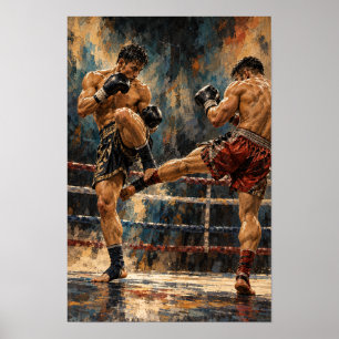Muay Thai Kickboxing Fight Expressive Oil Painting Poster