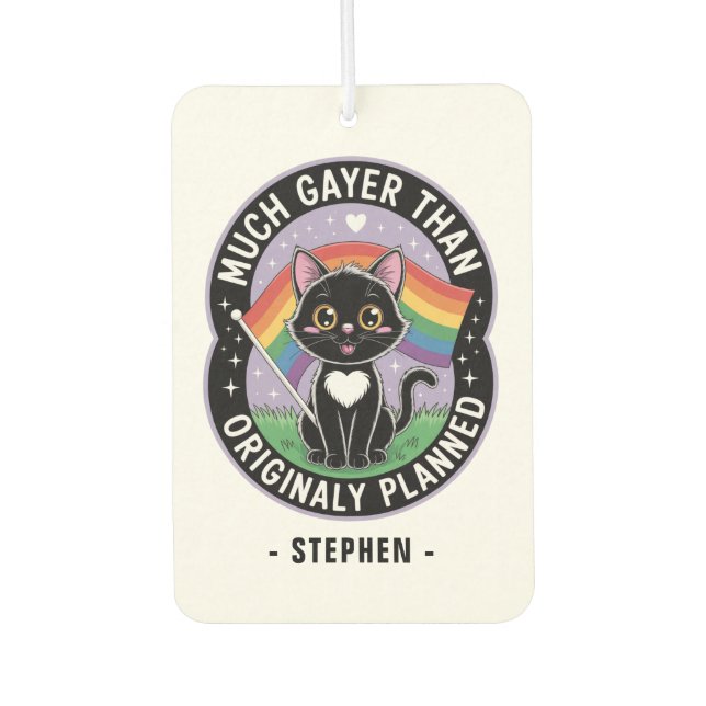 Much Gayer – Funny Cute Black Cat LGBTQ Pride Air Freshener (Front)