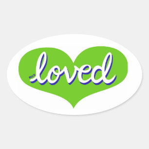 Much Loved - Green love heart - Oval Sticker