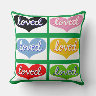 MUCH LOVED-  Multi-coloured love hearts- boy/girl Throw Pillow