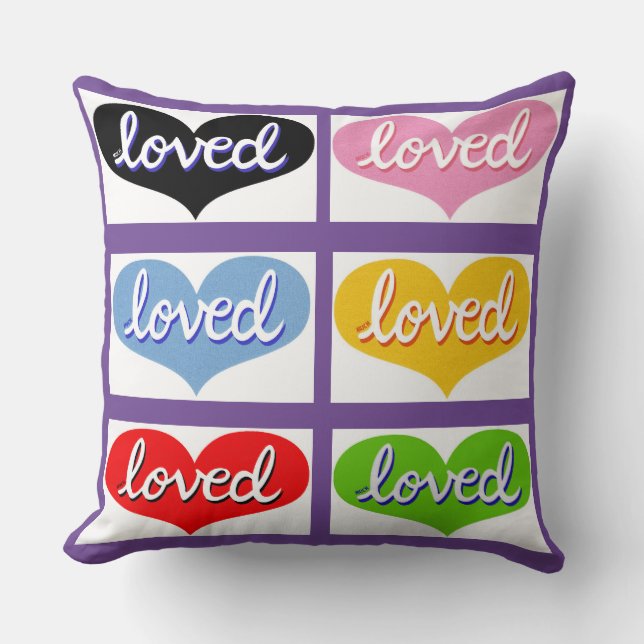 MUCH LOVED - Multi-coloured love hearts- boy/girl Throw Pillow (Front)