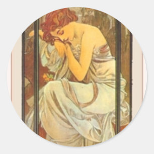 Mucha art deco poster lady female long dress classic round sticker