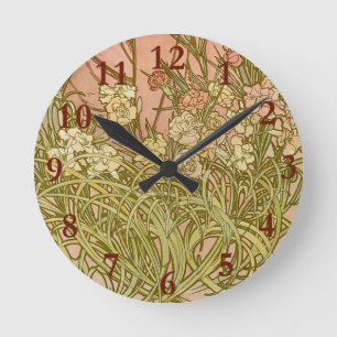 Mucha Art Nouveau carnation flowers Round Clock