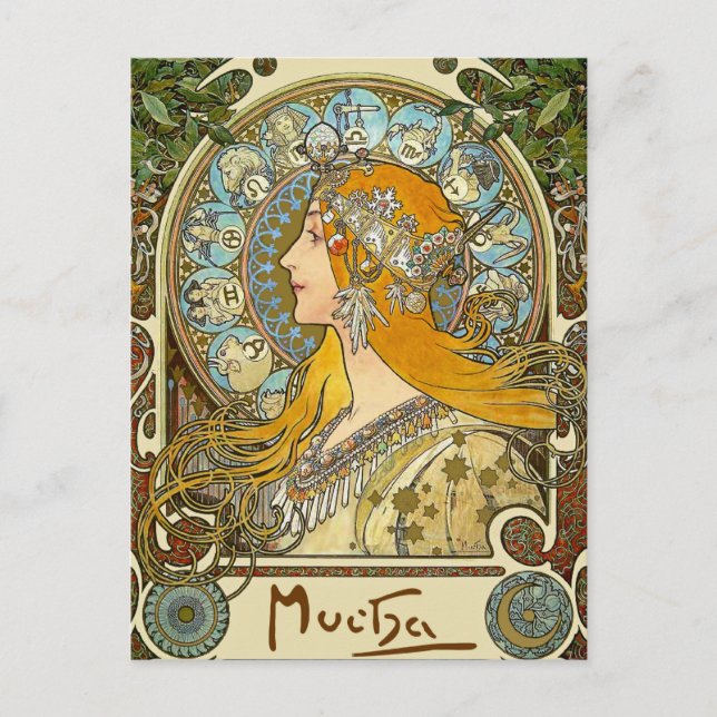 Mucha Art Nouveau Carte Postale - Zodiac - La Plum (Devant)
