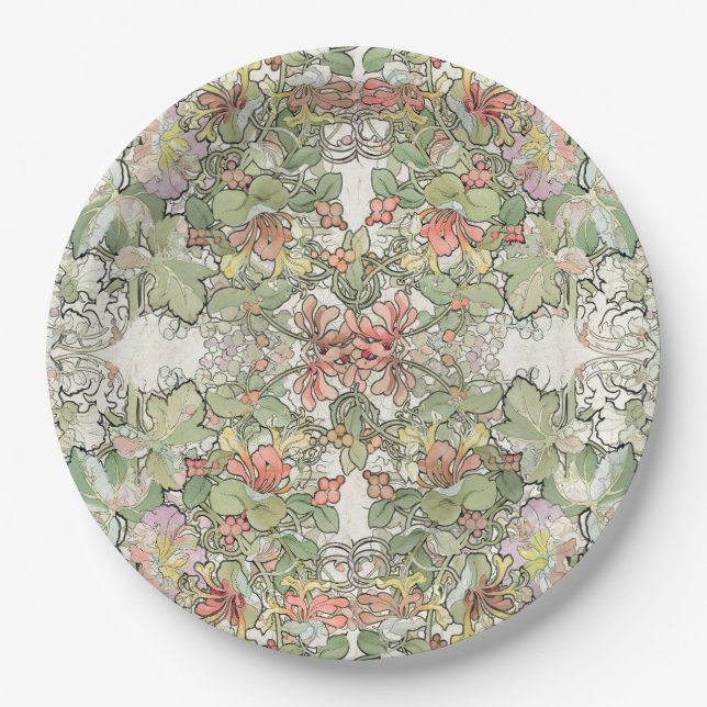 Mucha Art Nouveau Hollyhock Flowers Paper Plates (Front)