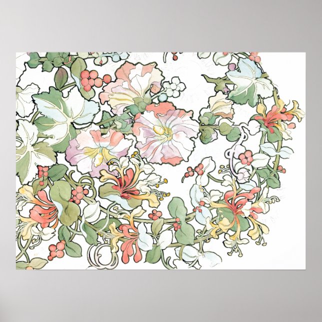 Mucha Art Nouveau Hollyhock Flowers Poster (Front)