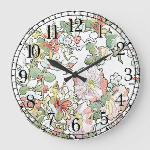 Mucha Art Nouveau Hollyhock Flowers Wall Clock