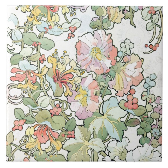 Mucha Art Nouveau Hollyhocks Floral Tile (Front)