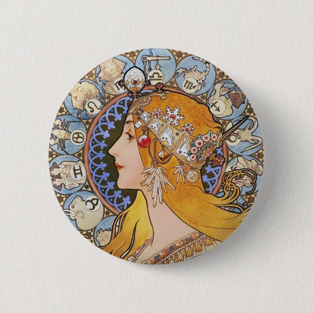 Mucha Art Nouveau Poster -  Zodiac  - La Plume 2 Inch Round Button (Front)