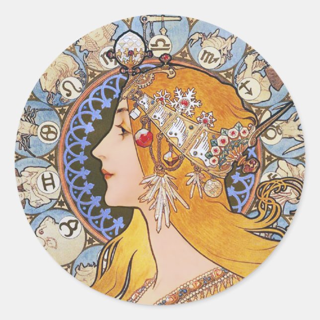 Mucha Art Nouveau Poster -  Zodiac  - La Plume Classic Round Sticker (Front)