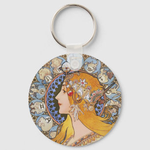 Mucha Art Nouveau Poster - Zodiac - La Plume Keychain