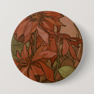Mucha Art Nouveau Red Poinsettia Floral Pattern 3 Inch Round Button