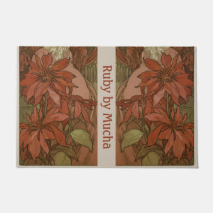 Mucha Art Nouveau Red Poinsettia Floral Pattern Doormat