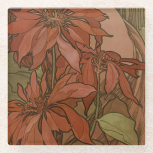 Mucha Art Nouveau Red Poinsettia Floral Pattern Glass Coaster