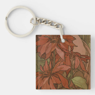 Mucha Art Nouveau Red Poinsettia Floral Pattern Keychain