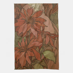 Mucha Art Nouveau Red Poinsettia Floral Pattern Kitchen Towel