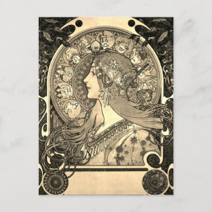 Mucha Art Nouveau Woman Vintage Zodiac La Pluma Invitation Postcard