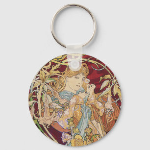 Mucha Art Nouveau: Woman With Daisy Keychain