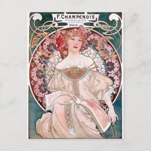 Mucha Champenois paris pink dress lady art deco Postcard