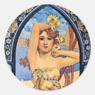 mucha day woman art deco flowers female classic round sticker