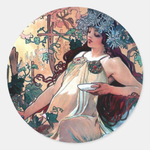 mucha fall autumn art nouveau poster classic round sticker