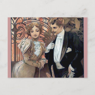 Mucha flirt woman man romantic love postcard