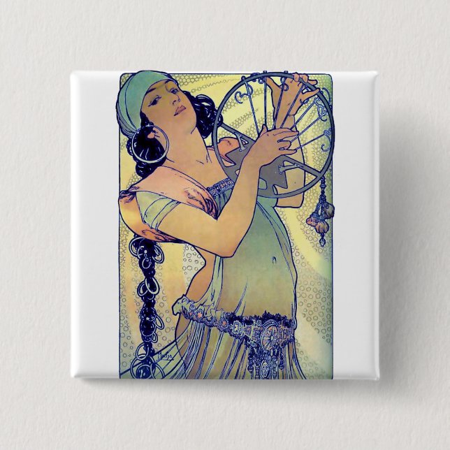 mucha gypsy tambourine dance music woman 2 inch square button (Front)
