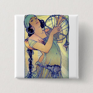 mucha gypsy tambourine dance music woman 2 inch square button