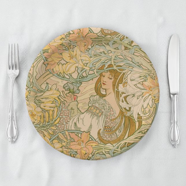 Mucha Language of Flowers Lilies Art Nouveau Paper Plate (Creator Uploaded)