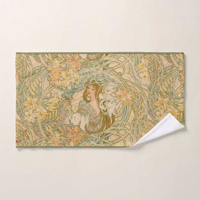 Mucha Lilies Art Nouveau Language of Flowers Hand Towel (Hand Towel)
