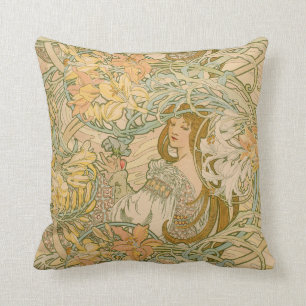 Mucha Lilies Language of Flowers Art Nouveau Throw Pillow