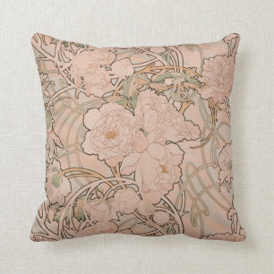 Mucha Peonies Apricot Throw Pillow