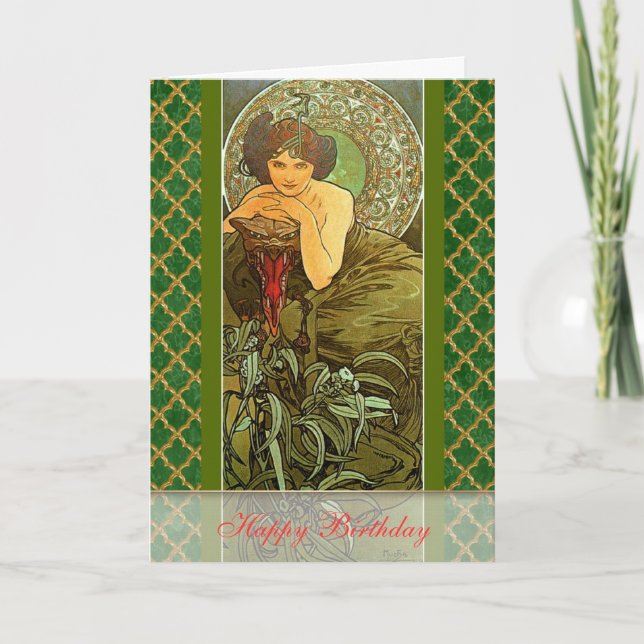 Mucha ~ "Precious Stones - Emerald" May Birthday Card (Front)