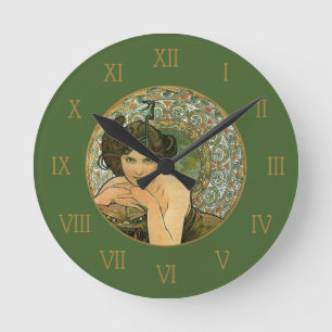 Mucha Vintage Green Emerald Temptress Elegant Round Clock