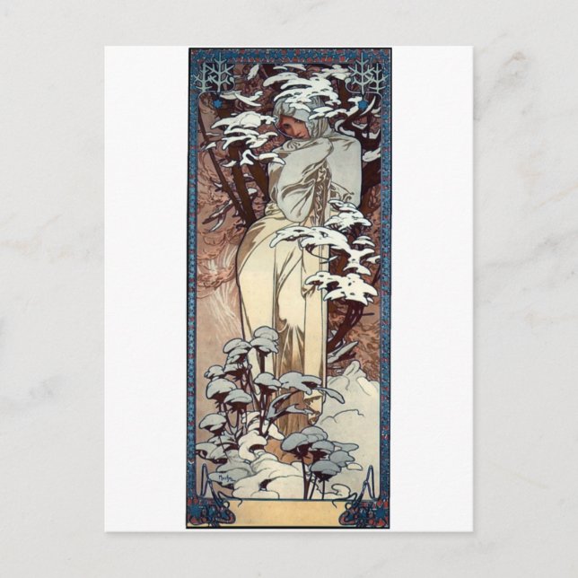 mucha winter art nouveau poster woman snow postcard (Front)