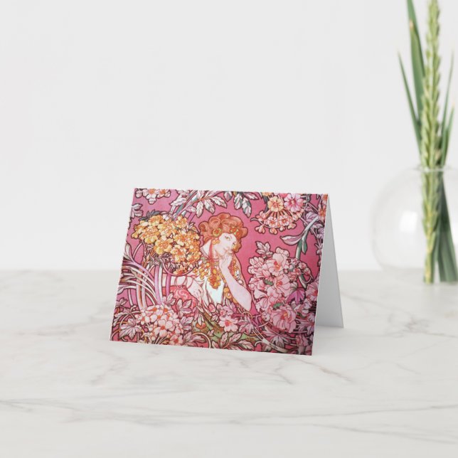 Mucha Woman Among Flowers Art Nouveau Note Cards (Front)