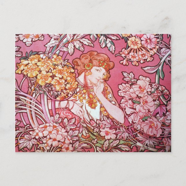 Mucha Woman Among Flowers Art Nouveau Postcards (Front)