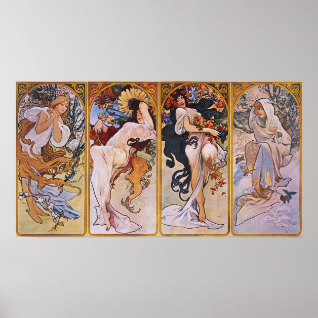 Mucha - Woman Art Nouveau Art Vintage Seasons Poster (Front)