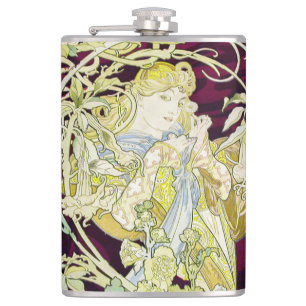 Mucha Woman with Daisy, Vintage Art Nouveau Hip Flask