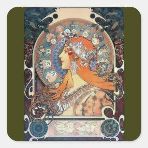 Mucha Zodiac Woman Art Deco Vintage Art Lady Square Sticker