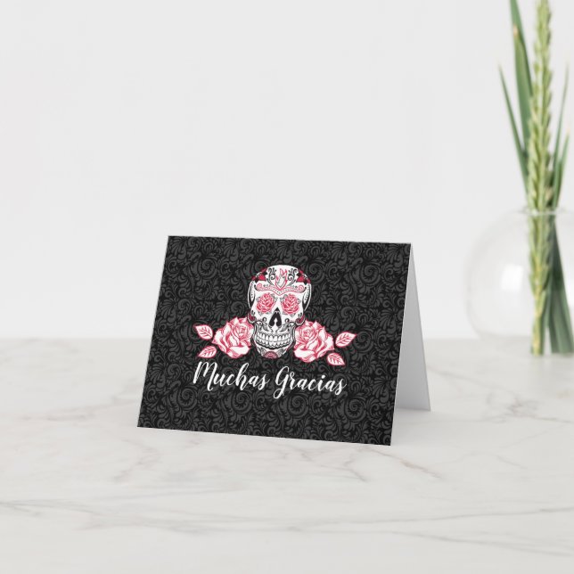 Muchas Gracias Black Damask Sugar Skull Thank You Card (Front)