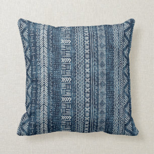 Mud Cloth Geometric Stripe Tribal Indigo Throw Pillow