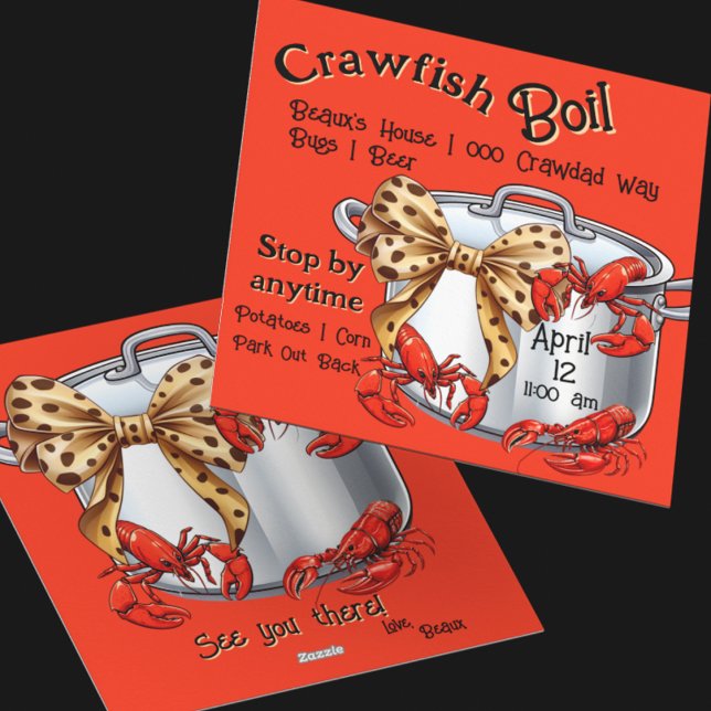 Mudbug Boiling Pot with Bow and Crawfish Party Holiday Card (Crawfish and bows on a boiling pot for your next mudbug adventure.  Customize the front and back)
